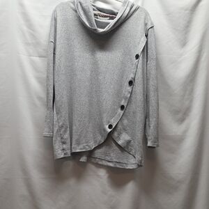Retrology Knit Tunic Gray 1X With Faux Buttons Cowl Neck Lightweight